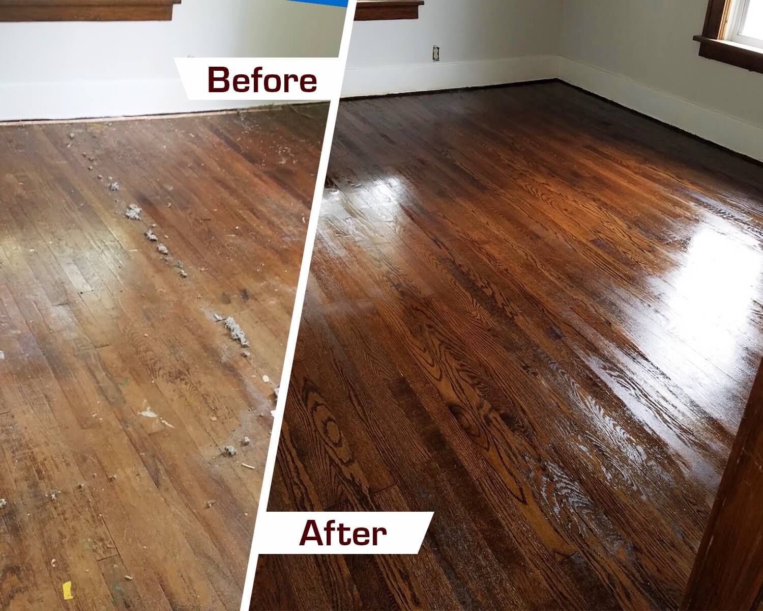 A before and after shot of a hardwood floor that's been refinished by Fabulous Floors Colorado Springs